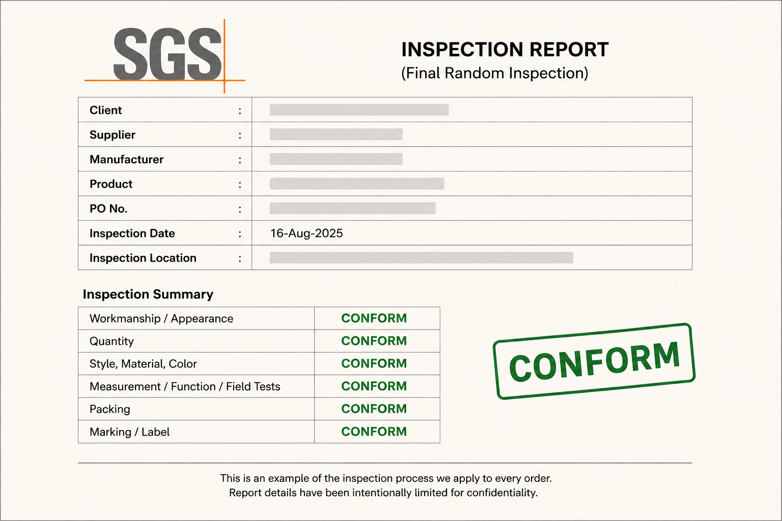 Third-party SGS pre-shipment quality inspection example