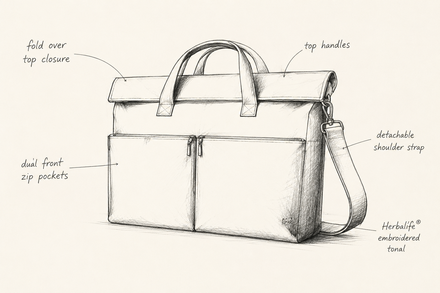 Concept sketch for custom messenger bag product development