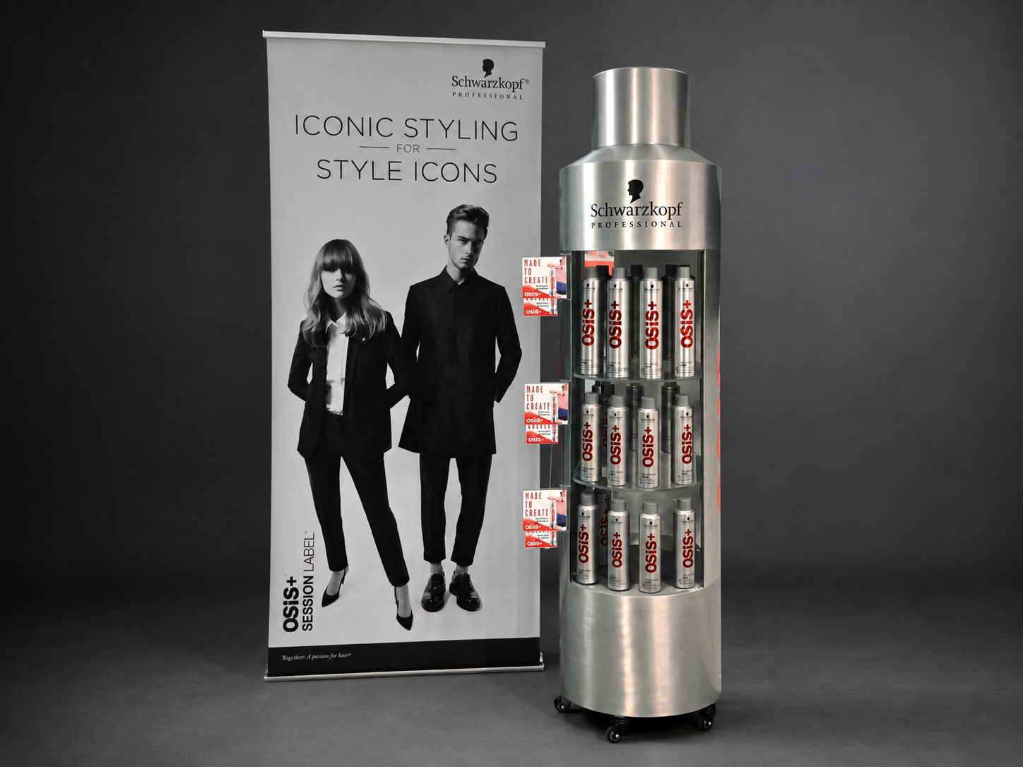 Custom Schwarzkopf Professional bottle-shaped retail display and campaign banner