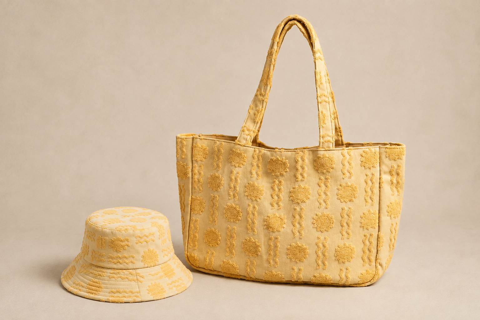 Custom textured tote and matching bucket hat