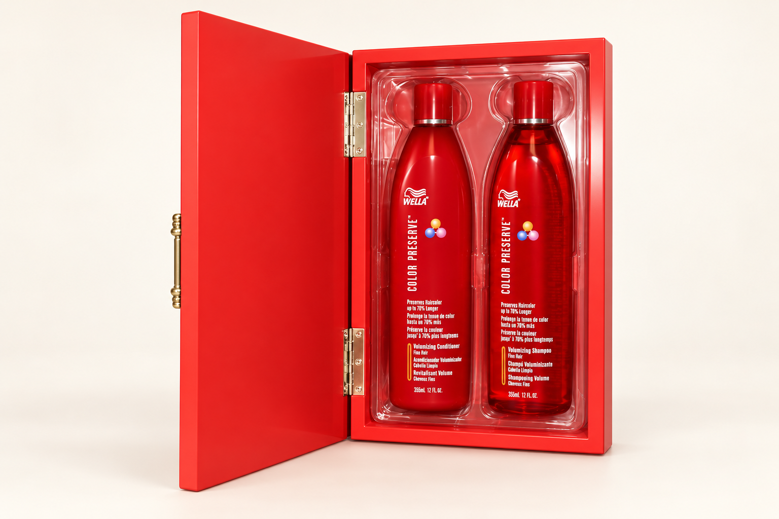 Open red Wella presentation kit with two haircare bottles