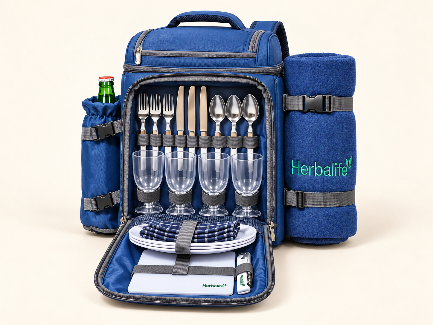 Blue Herbalife picnic backpack with fitted service components